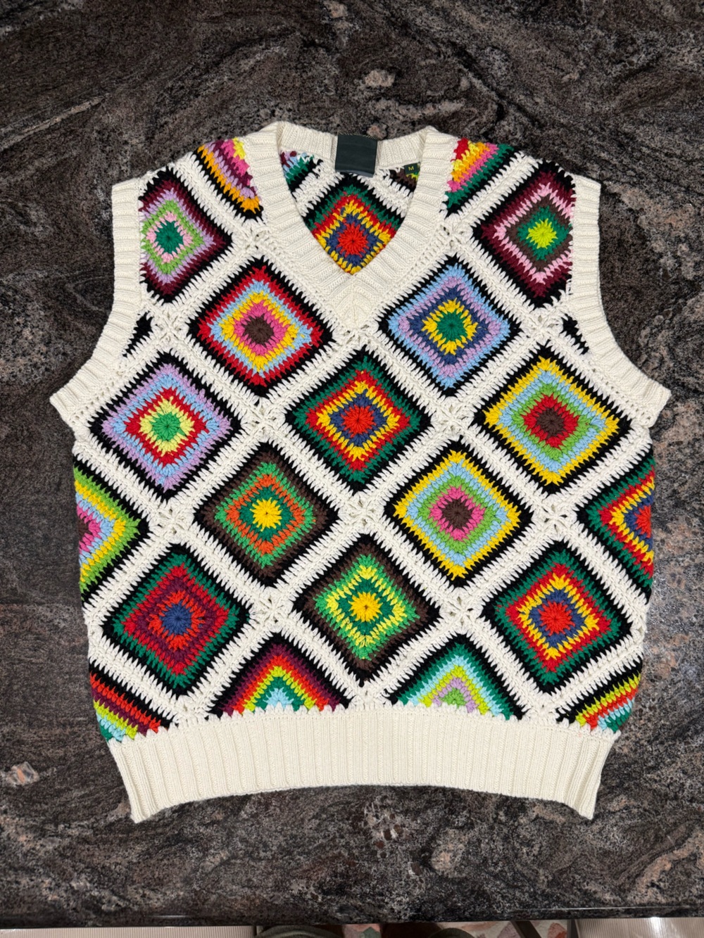 Jaded Multicolor Crochet Knit Sweater Vest - Cream Trim